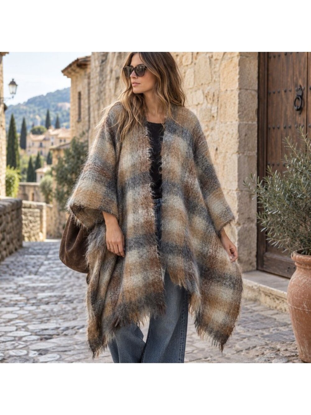 Vintage 70s Mohair Cape Ruana Poncho Fringe Oversized Scottish Style Layering